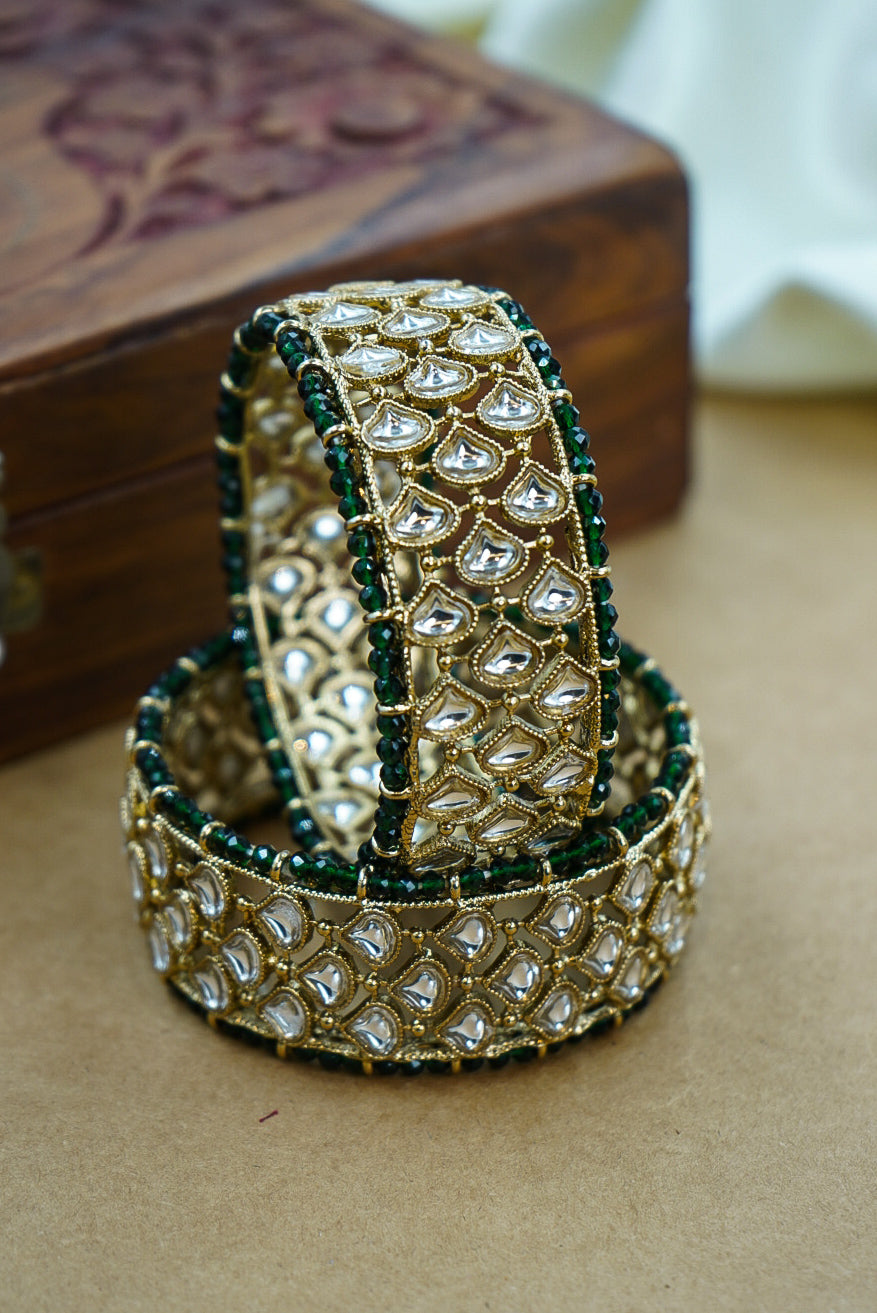 Traditional Antique Kada with Kundan & Green Pearls