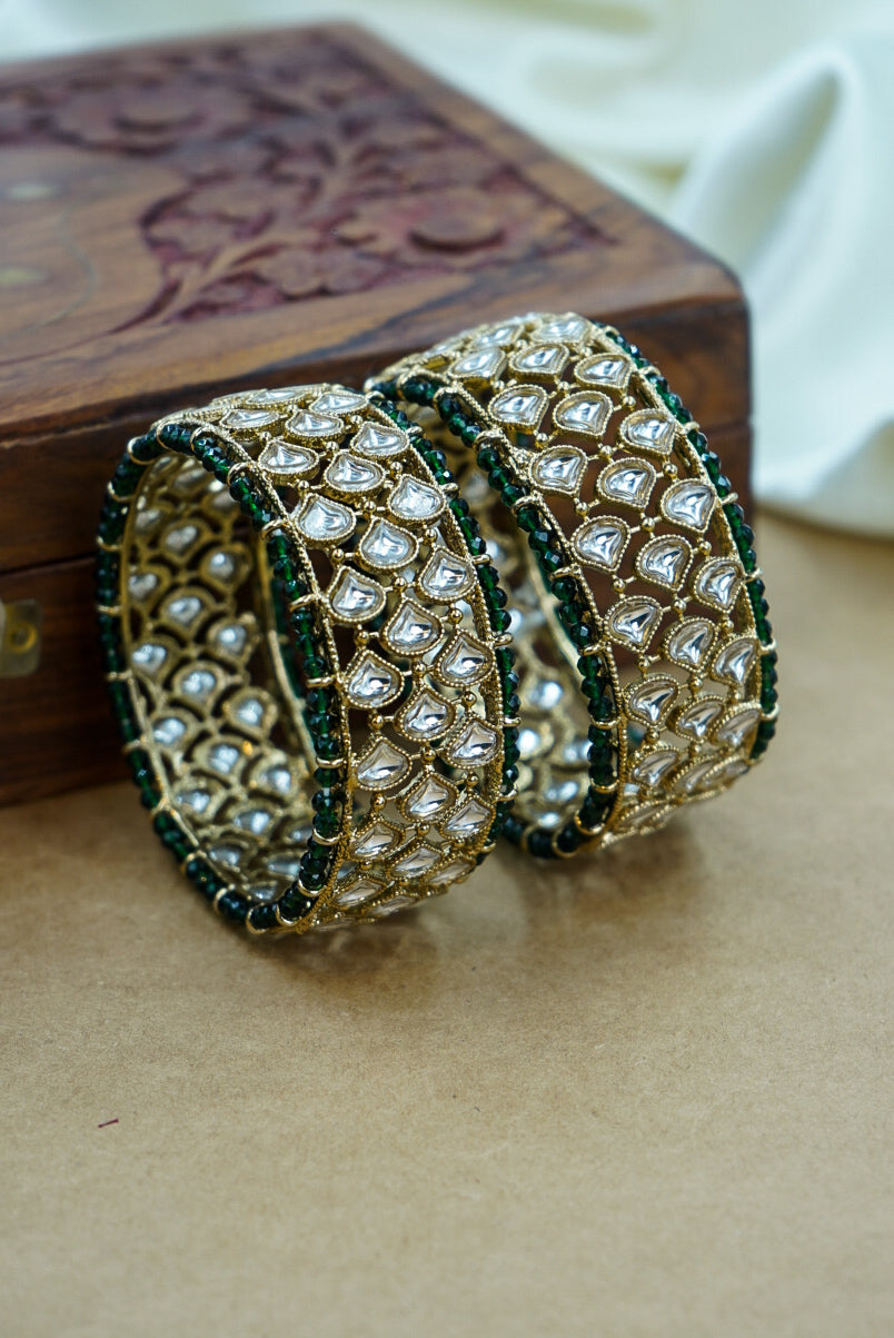 Traditional Antique Kada with Kundan & Green Pearls